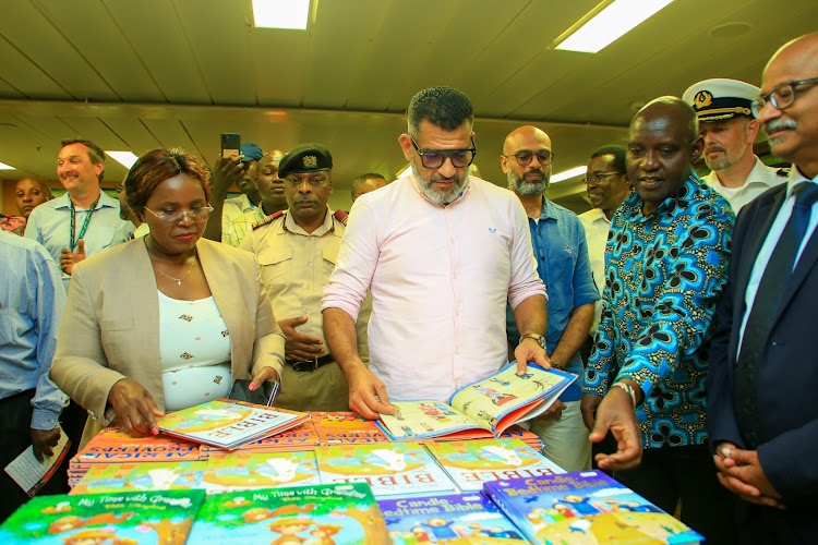 Tourism CS Peninah Malonza and Mombasa Governor Abdulswamad Nassir sample some of the more than 5,000 books onboard MV Logos Hope when it opened its doors to the public in Mombasa on Wednesday.