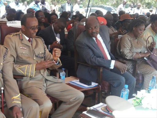 Kisumu county commissioner Mohammed Maalim and Governor Jack Ranguma during Mashujaa Day celebrations at the Kenyatta sports ground in Kisumu town on October 20, 2016. /MAURICE ALAL