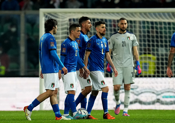 Dejected Italy players Sandro Tonali, Giacomo Raspadori, Lorenzo Pellegrini, Jorginho Frello and Gianluigi Donnarumma leave the field after the 1-0 defeat at home by North Macedonia in Thursday's playoff semi-final.