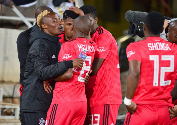 Vincent Pule of Orlando Pirates celebrates a goal with teammates during the Absa Premiership matchagainst Black Leopards at Peter Mokaba Stadium on August 28, 2018 in Polokwane, South Africa.