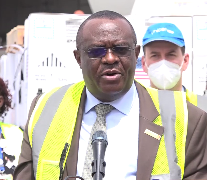 Head of Vaccines deployment taskforce chair Willis Akhwale speaks when he received a consignment of 1.36 million doses of Pfizer from the US government on January 24, 2022