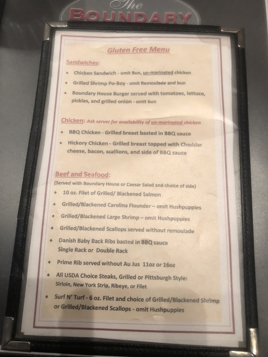 The Boundary House Restaurant gluten-free menu