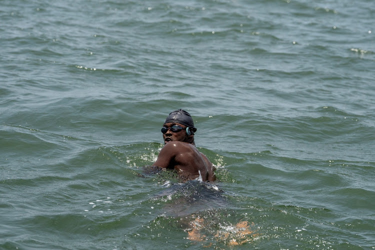 Akinrodoye Samuel on his 11.8km swim in Lagos, Nigeria, on March 30 2024.