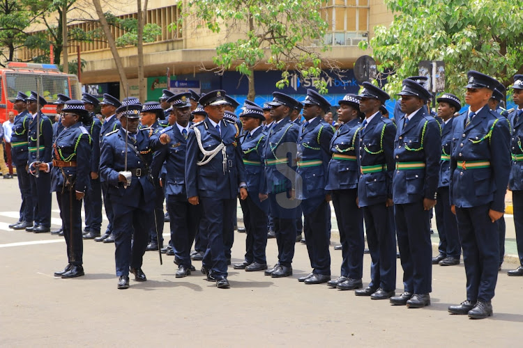 OOfficers from Nairobi City County inspectorate prepare to receive Governor Johnson Sakaja ahead of his County Assembly address on the status of the county on April 4, 2024