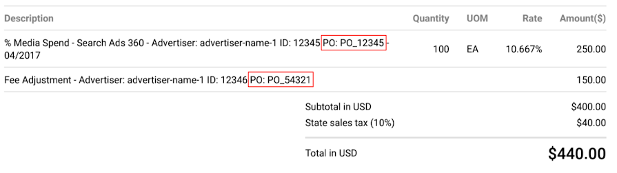 Image showing two purchase order numbers, outlined in red, in an invoice.