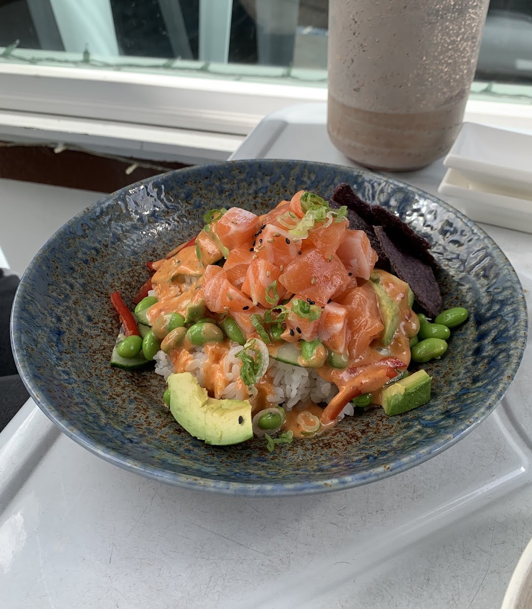 Salmon bowl! My friend said it was a bit spicy but some of the best salmon she’s ever had