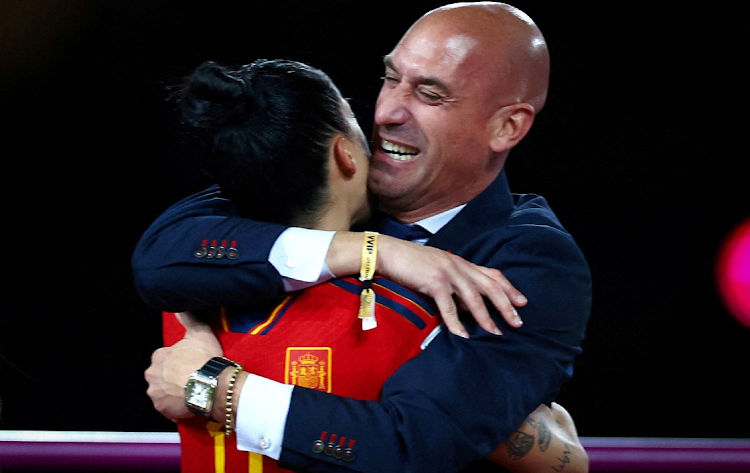 Spain's Jennifer Hermoso is embraced by president of the Royal Spanish Football Federation Luis Rubiales after the match they won the 2023 Fifa Women's World Cup Australia and New Zealand final against England at Stadium Australia in Sydney on August 20 2023.