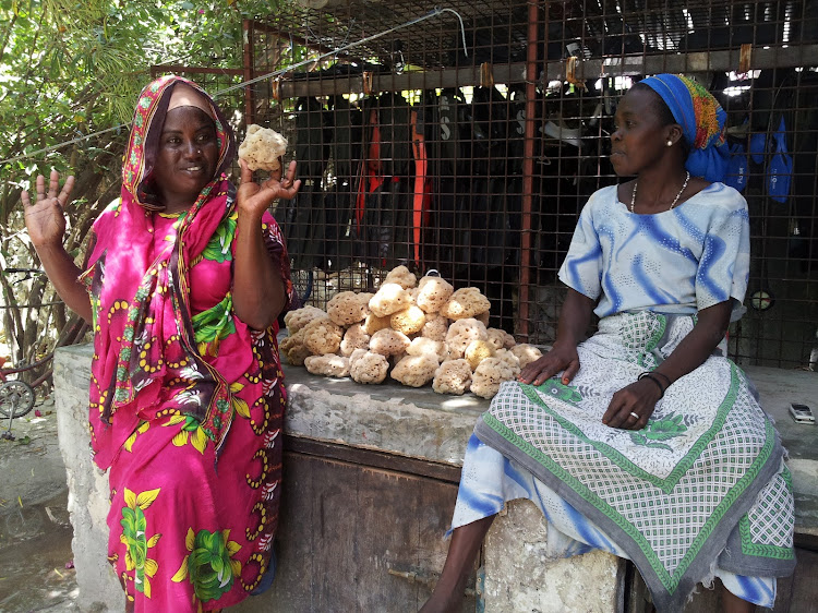 Two women sponge farmers sit alongside their recently harvested sponges in Jambiani village, Zanzibar.