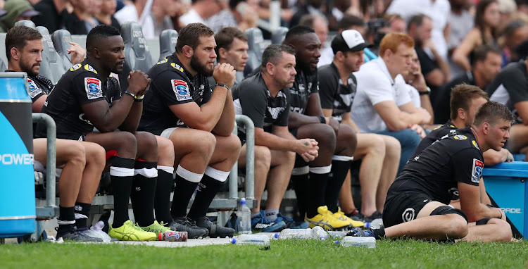 Sharks bench during the 2018 Super Rugby match against the NSW Waratahs at GrowthPoint Kings Park, Durban South Africa on the 03 March 2018.