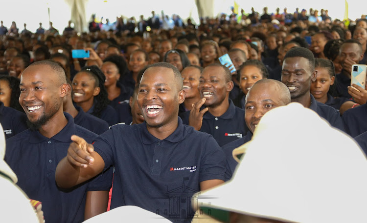 Workers celebrating the official opening of the MAS Intimates Kenya Limited at Athi River EPZ on Wednesday, May 11, 2022.