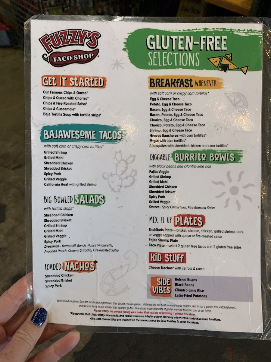 Fuzzy's Taco Shop gluten-free menu