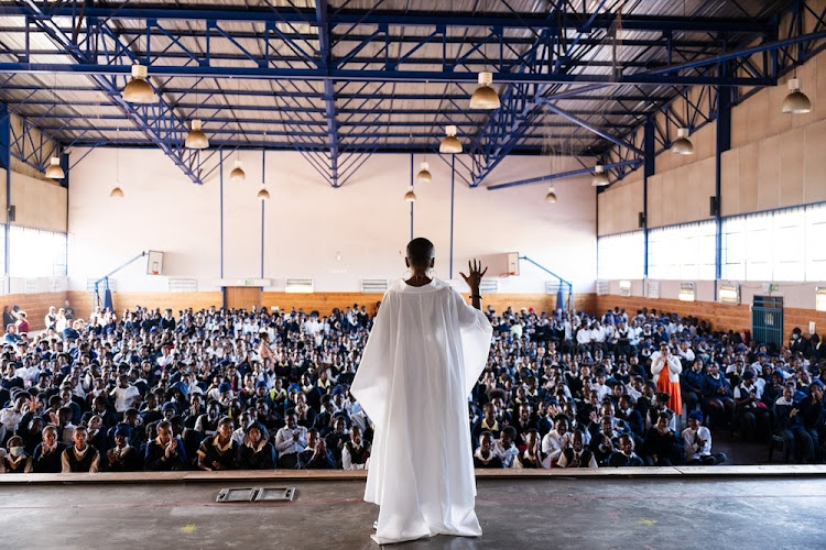 Netflix Bridgerton actor Adjoa Andoh at Isaac Morrison High School in Soweto