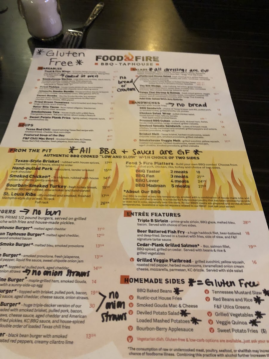Food & Fire BBQ~Taphouse gluten-free menu