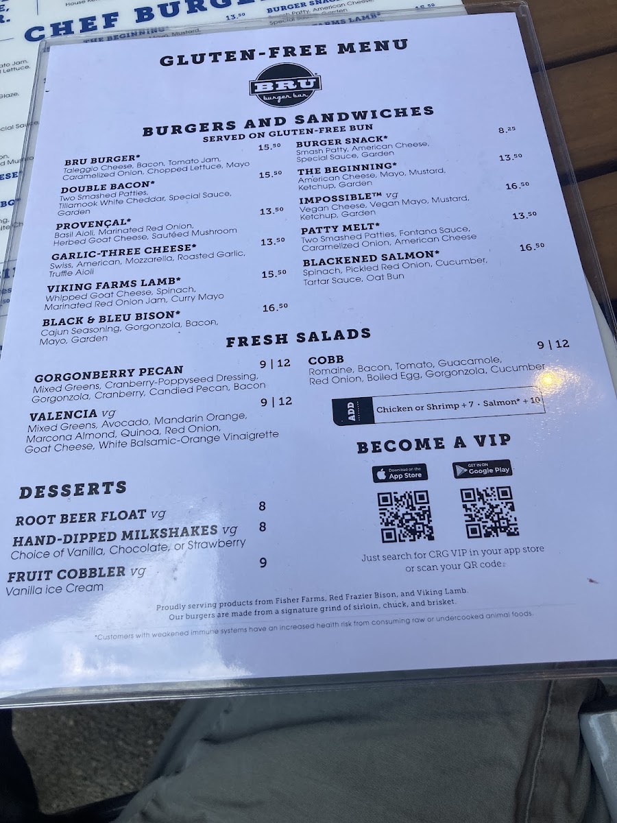 Bru Burger Bar gluten-free menu