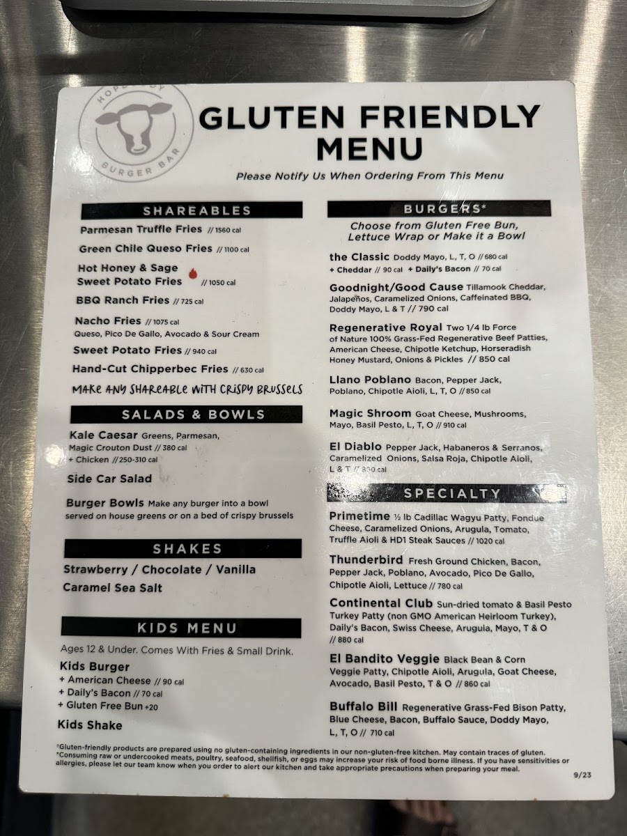 GF menu by register (vegan menu on the back)
