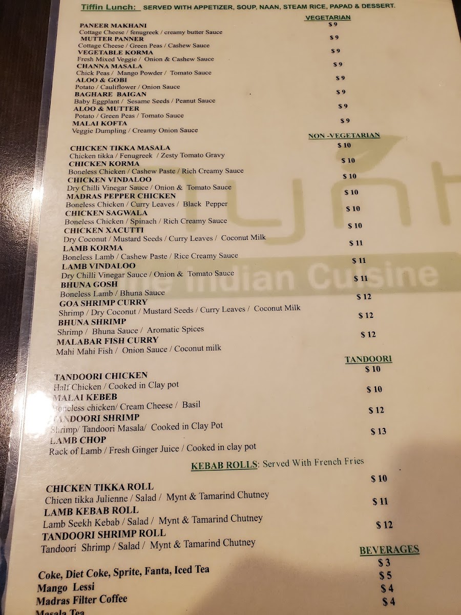 Mynt Fine Indian Cuisine gluten-free menu