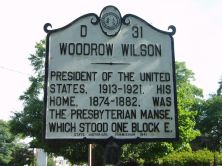 President of the United States, 1913-1921. His home, 1874-1882, was the Presbyterian manse, which stood one block E.Plaque via North Carolina Highway Historical Marker Program, and is used with...