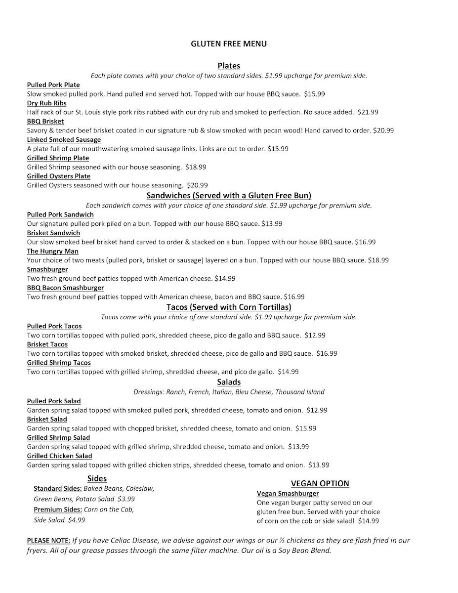 Gluten Free Menu