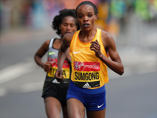 Jemima Sumgong in action during the women’s race the 2016 Virgin Money London Marathon /FILE