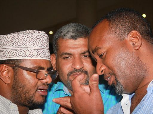 A file photo of Mombasa Governor Hassan Joho, former Senator Hassan Omar and Mvita MP Abdhulswamad Nassir. /ELKANA JACOB