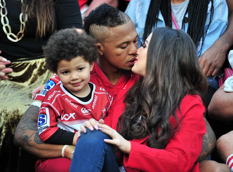 Elton Jantjies of the Lions with his wife during the 2018 Super Rugby SemiFinals match between Lions and Waratahs at Ellis Park Stadium, Johannesburg on 28 July 2018.