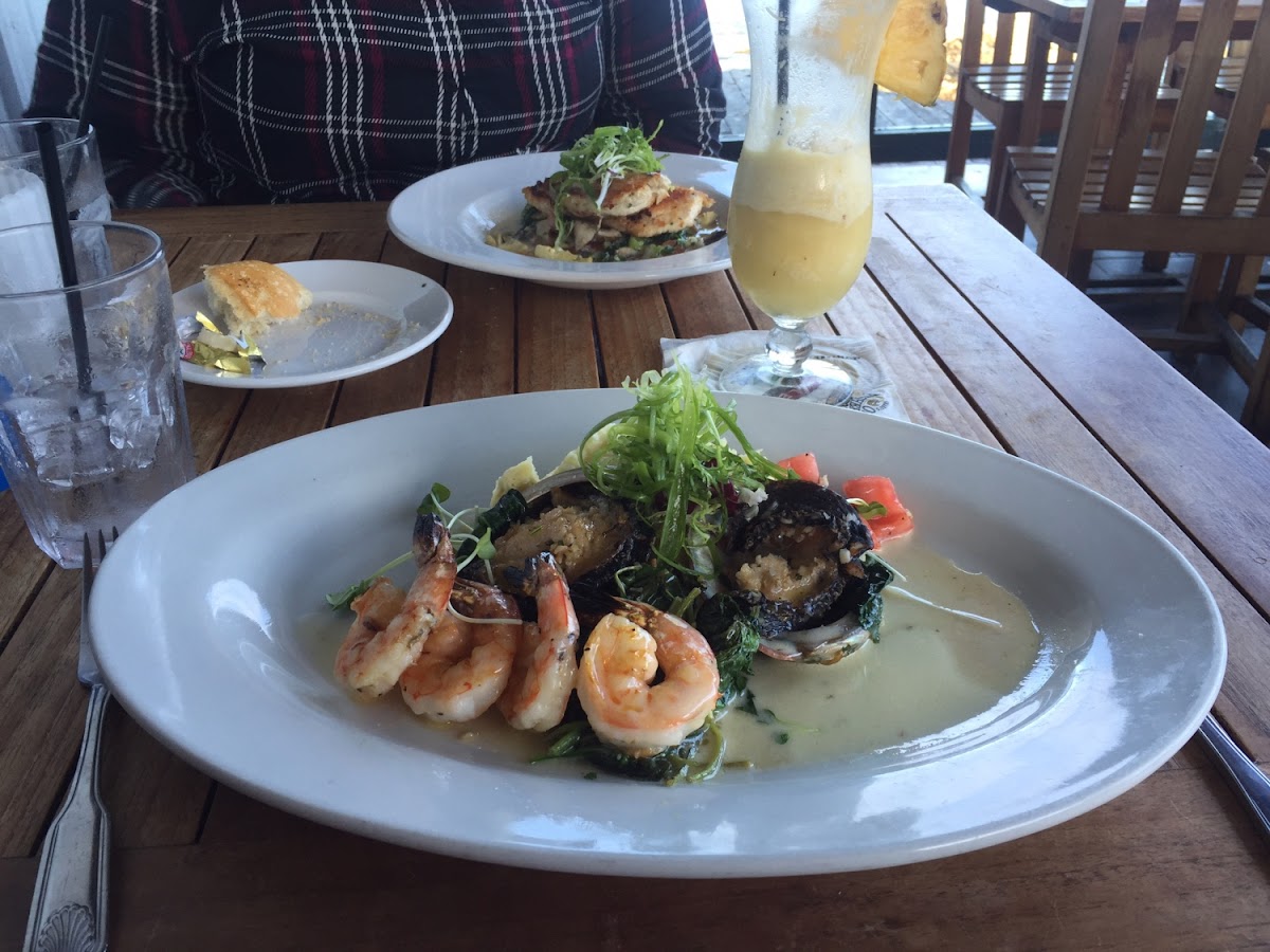 Gluten free seasonal abalone with prawns, spinach and mashed potatoes.
