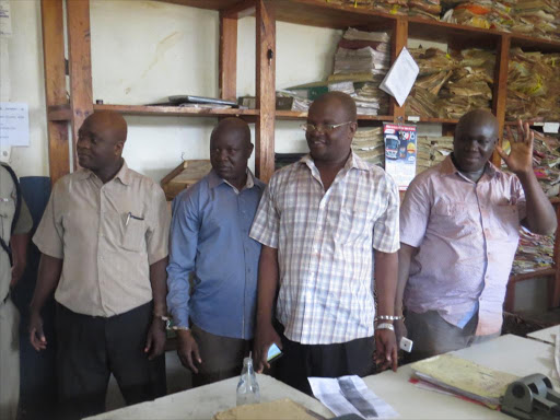 The four MCAs in custody at Siaya Police station on September 29, 2016. From right Elisha Okuku (Yimbo East), Nicholas Aneme (South Sakwa), Sylevester Madialo (Usonga), Leonard Oriaro (Central Alego). /LAMECH BARAZA