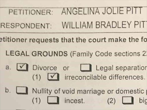 A copy of papers filed at Los Angeles Superior Court by Angelina Jolie shows her petition for divorce from her husband Brad Pitt in Los Angeles, California, US September 20, 2016. /REUTERS