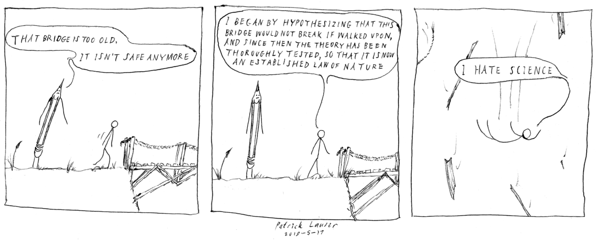 A HANGMEN cartoon strip about misusing the scientific method on an old bridge.