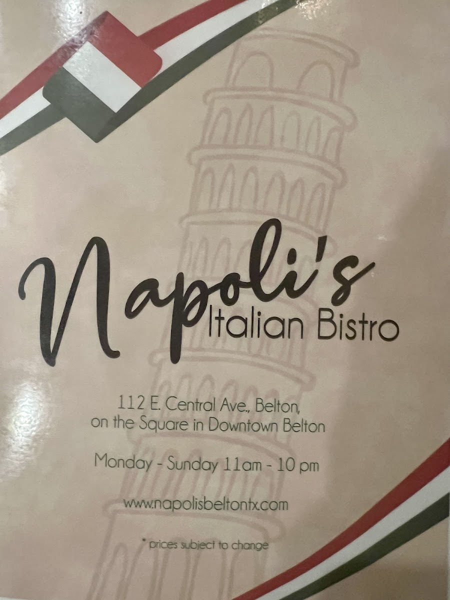 Napoli's Italian gluten-free menu