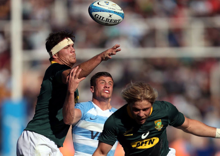 Argentina's Bautista Delguy in action against South Africa's Francois Louw and Faf de Klerk during the Rugby Championship match at Malvinas Argentinas Stadium, Mendoza, Argentina on August 25, 2018.