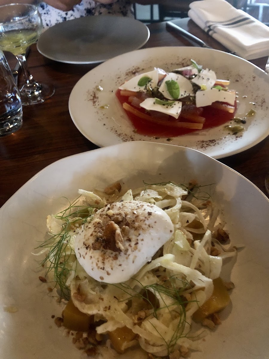 Burrata salad (foreground) and watermelon carpaccio (background)