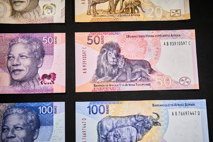 Upgraded rand banknotes featuring former president Nelson Mandela and Africa’s Big Five wild animals — rhino, elephant, lion, buffalo and leopard — on display in Johannesburg, May 3 2023. Picture: WALDO SWIEGERS/BLOOMBERG