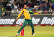 Aaron Phangiso  bowls during the 1st KFC T20 International match between South Africa and New Zealand at Sahara Stadium Kingsmead on August 14, 2015 in Durban, South Africa.