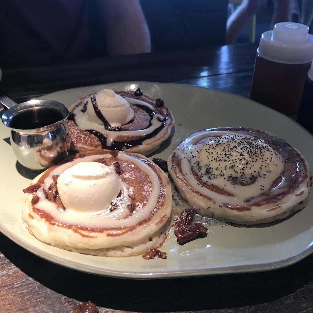 Lemon poppy seed, looney (candied pecans and cream cheese frosting) an chocolate chip pancakes