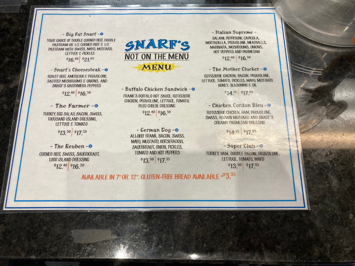 Snarf's Sandwiches gluten-free menu