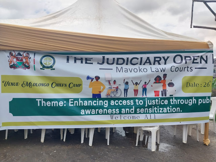 Mavoko Law Courts Open Day's banner displayed in Mlolongo, Machakos County on April 26, 2024.