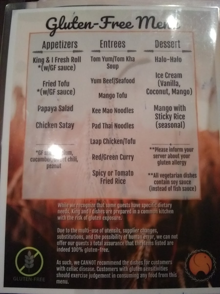 Gluten free menu