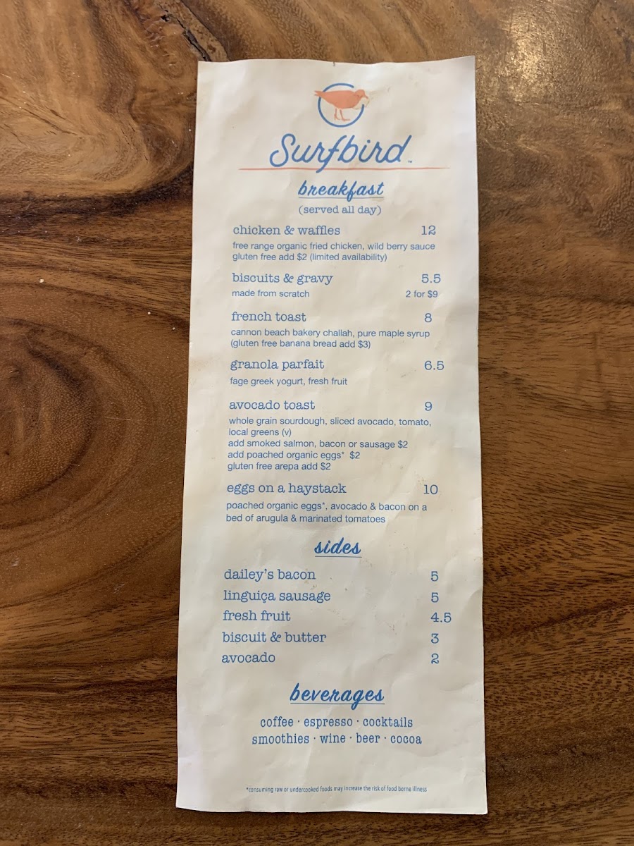 Surfbird gluten-free menu