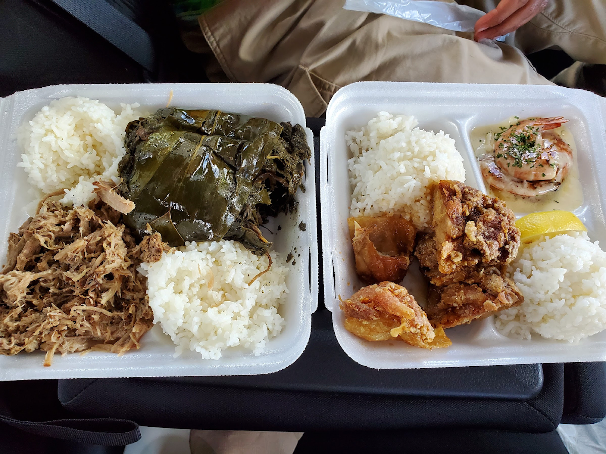 Hawaiian Combo and the Garlic Chicken & Shrimp Scampi combo plate