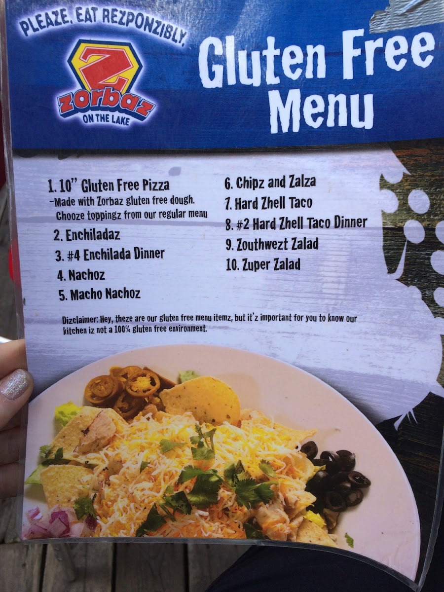 Zorbaz gluten-free menu