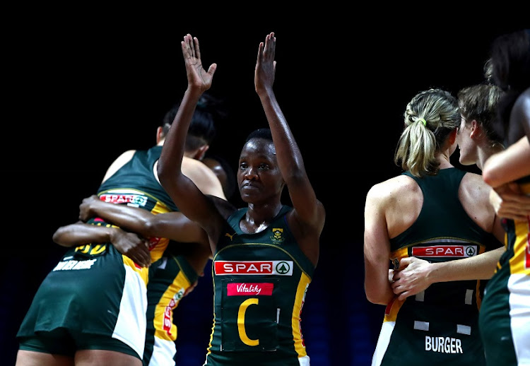 SPAR Proteas captain Bongiwe Msomi applauds the fans after a match against Jamaica in Liverpool at the 2019 Netball World Cup.