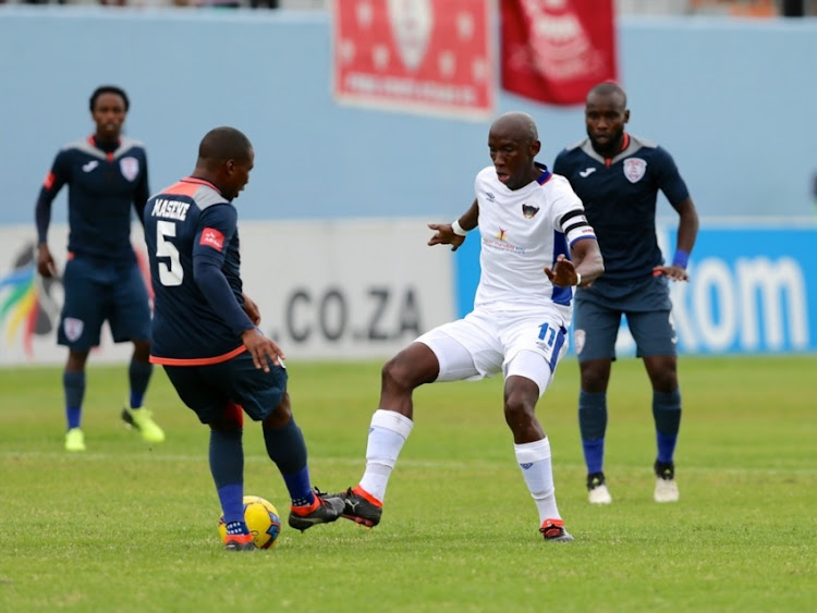 Ball carrier Mark Mayambela of Chippa United during the Absa Premiership match between Chippa United and Free State Stars at Sisa Dukashe Stadium on March 17, 2018 in East London, South Africa.