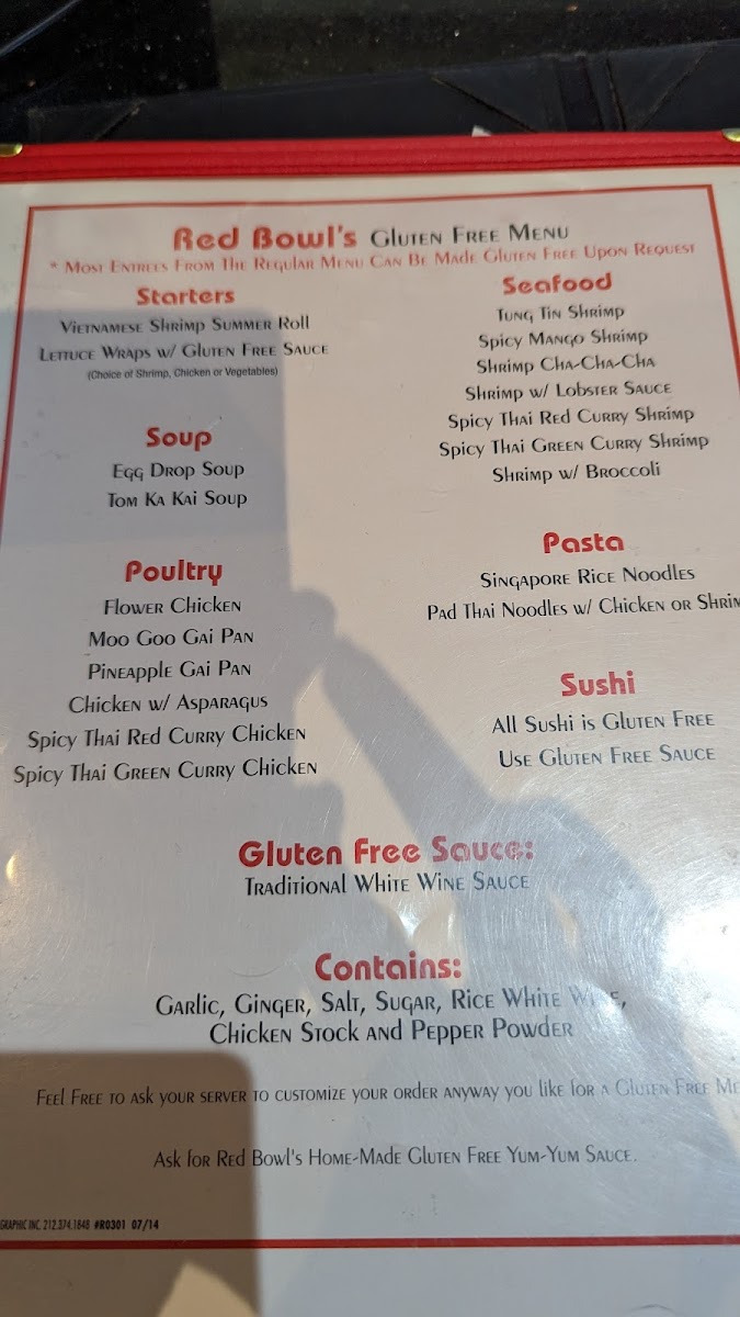 Red Bowl Asian Bistro gluten-free menu