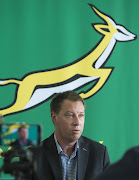 SA Rugby Union chief executive Jurie Roux speaks during the SA Rugby and FlySafair media briefing at O.R. Tambo International Airport on March 29, 2017 in Johannesburg, South Africa.