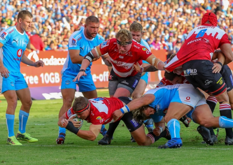 Ruan Dreyer of the Emirates Lions scores during the Super Rugby match between Vodacom Bulls and Emirates Lions at Loftus Versfeld on March 03, 2018 in Pretoria.