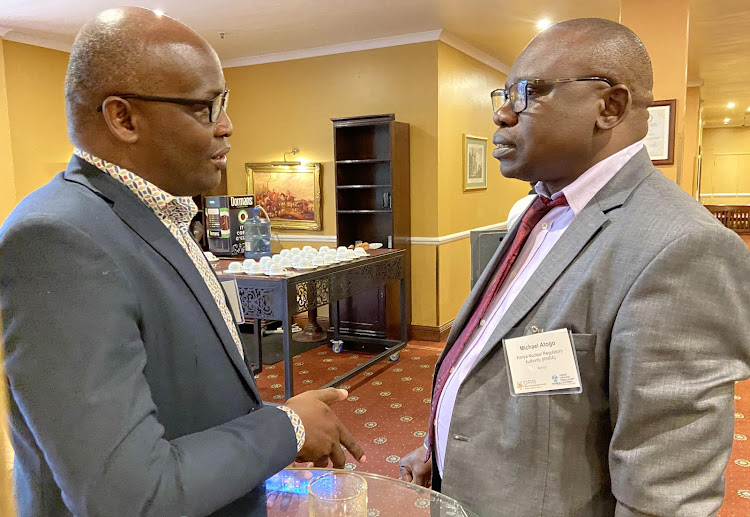 KNRA officials John Opar and Michael Atogo during talks on the safety of nuclear and radioactive material held in Nairobi on May 7, 2024