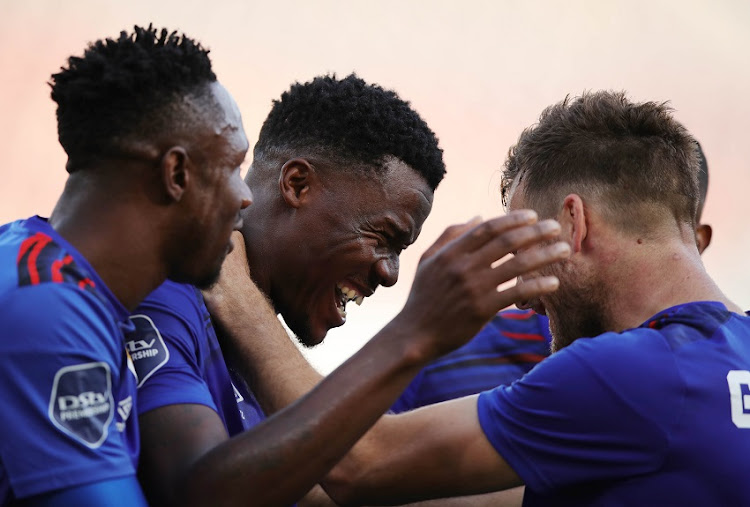Thamsanqa Gabuza of SuperSport United celebrates goal with teammates during the DStv Premiership match between Baroka and Supersport United at Peter Mokaba Stadium on December 19, 2020 in Polokwane, South Africa.