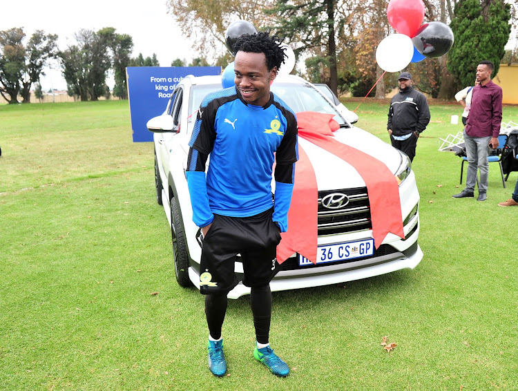 Bafana Bafana and Mamelodi Sundowns star forward Percy Tau ecstatic after being presented with a brand new car from the club's vehicle partner Hyundai during an open media day at Chloorkop training base on April 12 2018.