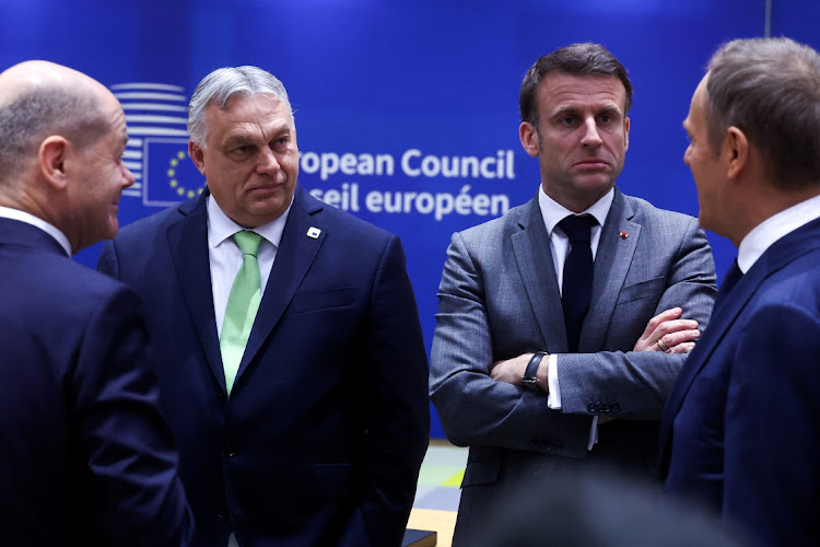 (Left to right) German Chancellor Olaf Scholz, Hungarian Prime Minister Viktor Orban, French President Emmanuel Macron and Polish Prime Minister Donald Tusk attend a European Union leaders summit in Brussels, Belgium, on March 21 2024. Picture: YVES HERMAN/REUTERS/